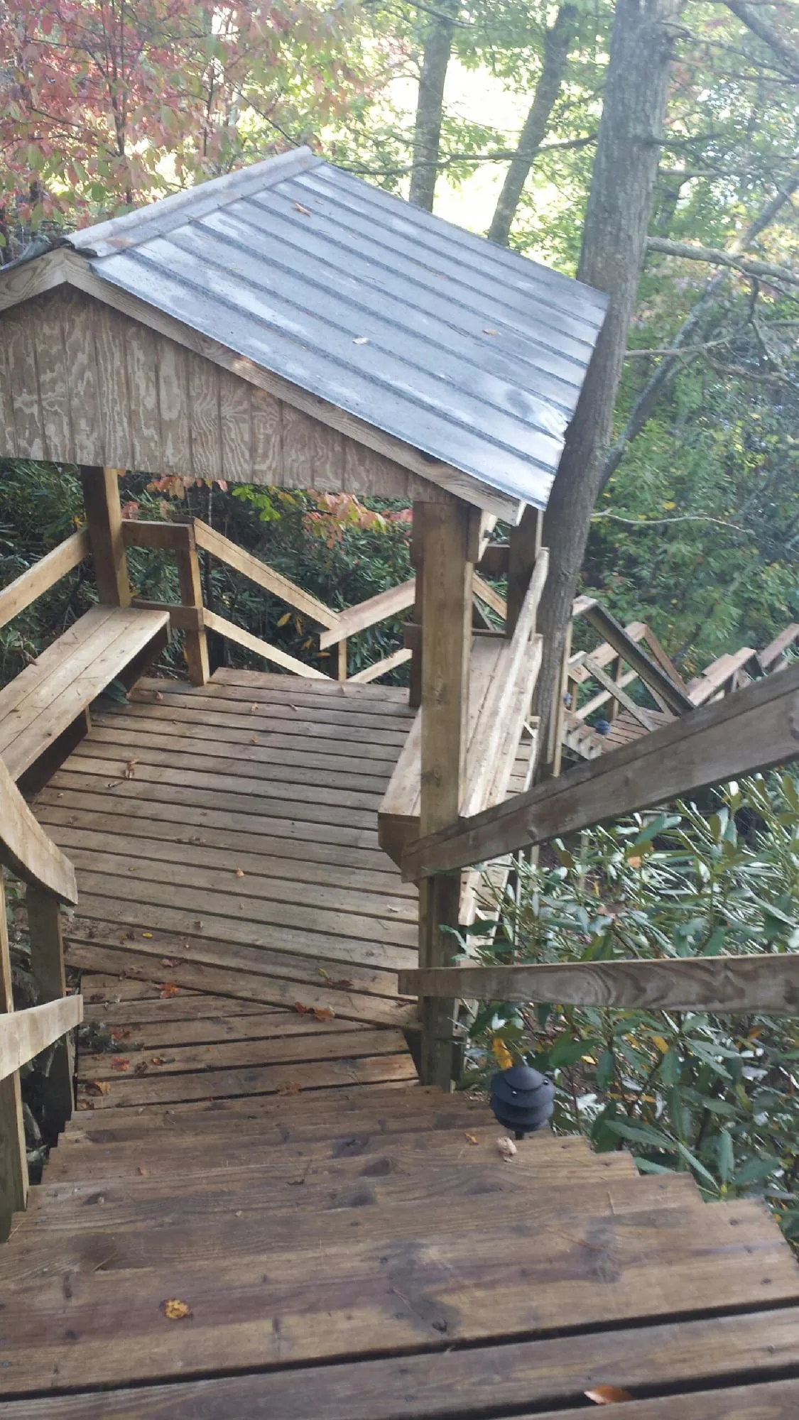Metal roofed shelter over wooden steps on a wooded walkway — Skylight Repair & Installation work by our crew in Centennial